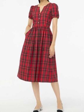 J. Crew Factory Stewart tartan puff-sleeve midi dress jeweled buttons Size 6